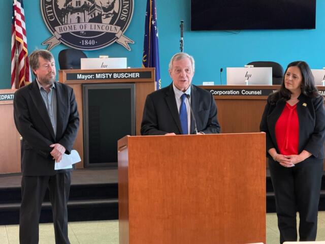 At a press conference recently in the Springfield Municipal Center, Left to Right: CWLP Water Division Manager Todd LaFountain, Senator Dick Durbin, Mayor Misty Buscher.