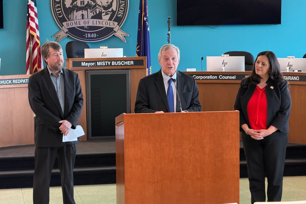 At a press conference recently in the Springfield Municipal Center, Left to Right: CWLP Water Division Manager Todd LaFountain, Senator Dick Durbin, Mayor Misty Buscher.