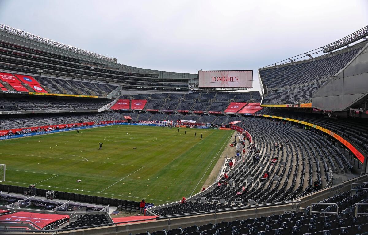 FILE - Soldier Field is seen for an MLS soccer match between the Chicago Fire and the CF Montréal, Saturday, Feb. 28, 2026, in Chicago. (AP Photo/Matt Marton, File)