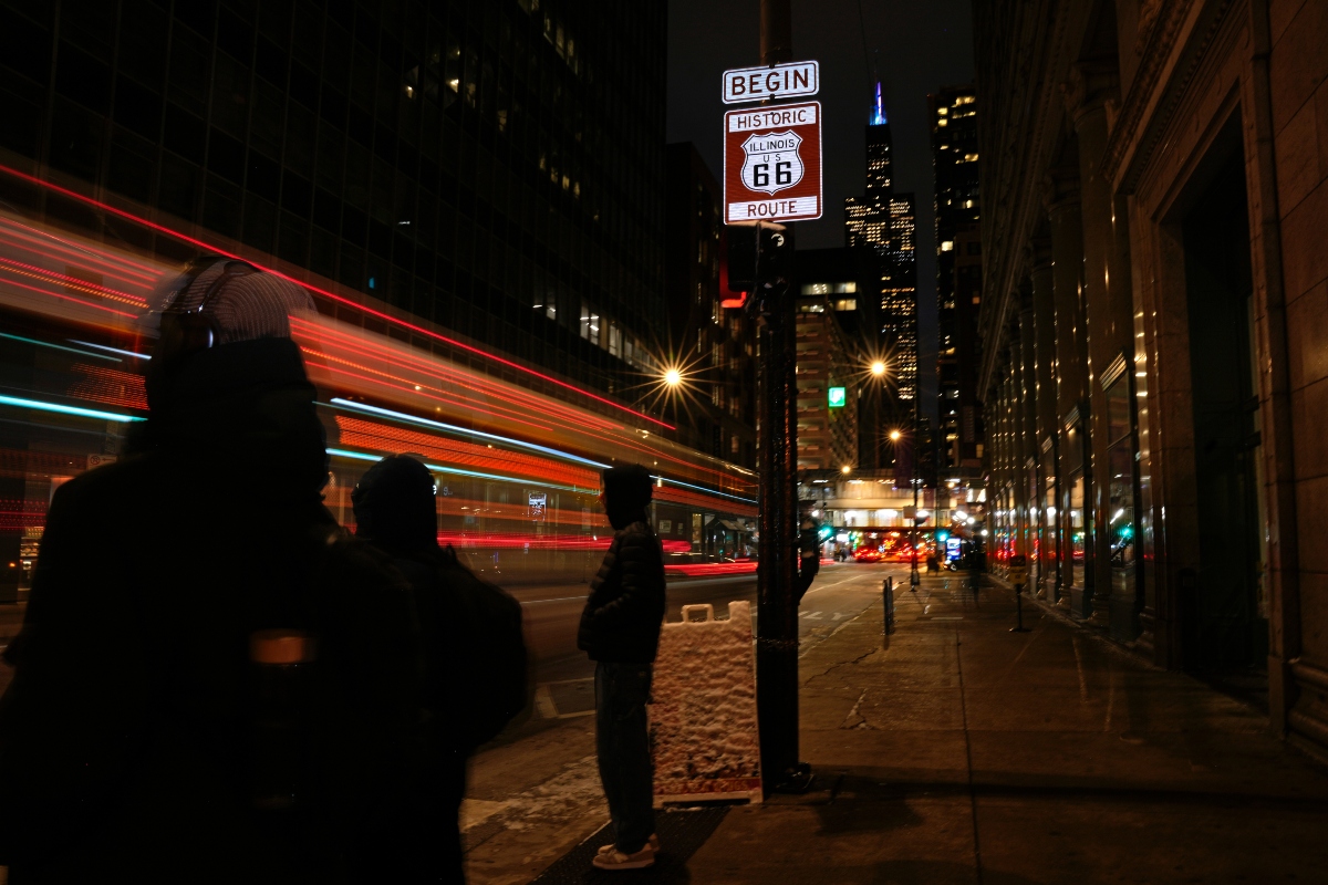 A sign marking the beginning of historic Route 66 stands at the intersection of East Adams Street and South Michigan Avenue, in Chicago, Wednesday, Jan. 14, 2026. (AP Photo/Erin Hooley)