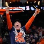 Illinois coach Brad Underwood celebrates after Illinois beat Iowa in an Elite Eight game in the NCAA college basketball tournament Saturday, March 28, 2026, in Houston. (AP Photo/Ashley Landis)