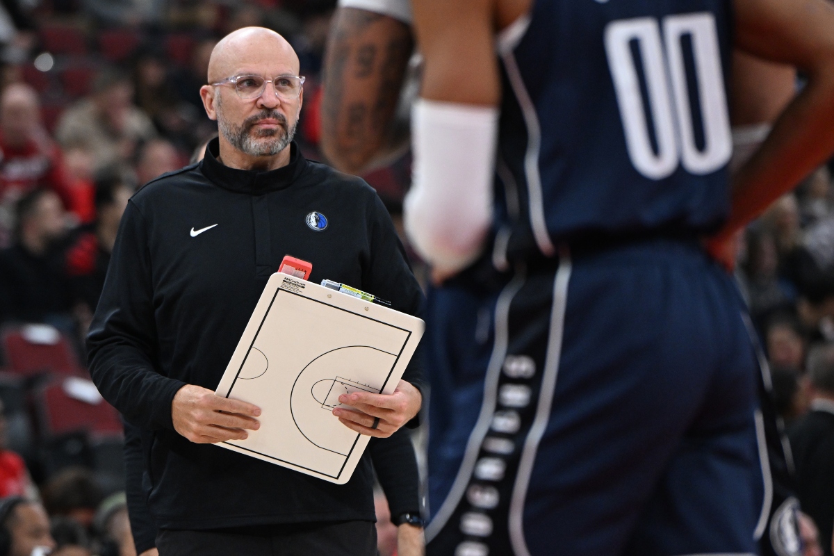 FILE - Dallas Mavericks head coach Jason Kidd looks on before being ejected during the first half of an NBA basketball game against the Chicago Bulls, Jan. 10, 2026, in Chicago. (AP Photo/Paul Beaty, File)