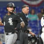 Chicago White Everson Pereira (28) scores on a hit by Miguel Vargas during the third inning of a baseball game against the Miami Marlins Monday, March 30, 2026, in Miami. (AP Photo/Marta Lavandier)