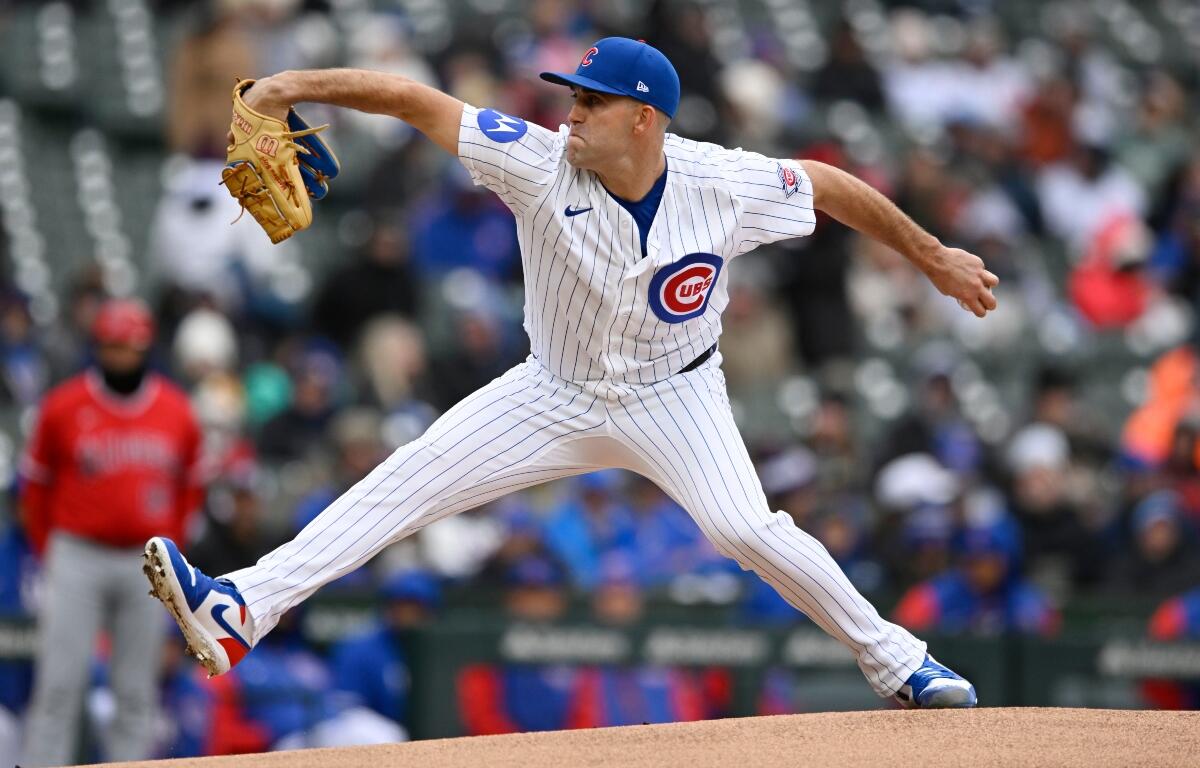 Chicago Cubs starter Matthew Boyd delivers a pitch during a baseball game against the Los Angeles Angels in Chicago, Wednesday, April 1, 2026. (AP Photo/Paul Beaty)