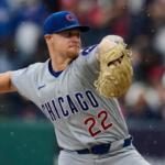 Chicag Cubs' Cade Horton pitches in the rain in the first inning of a baseball game against the Cleveland Guardians in Cleveland, Friday, April 3, 2026. (AP Photo/Sue Ogrocki)