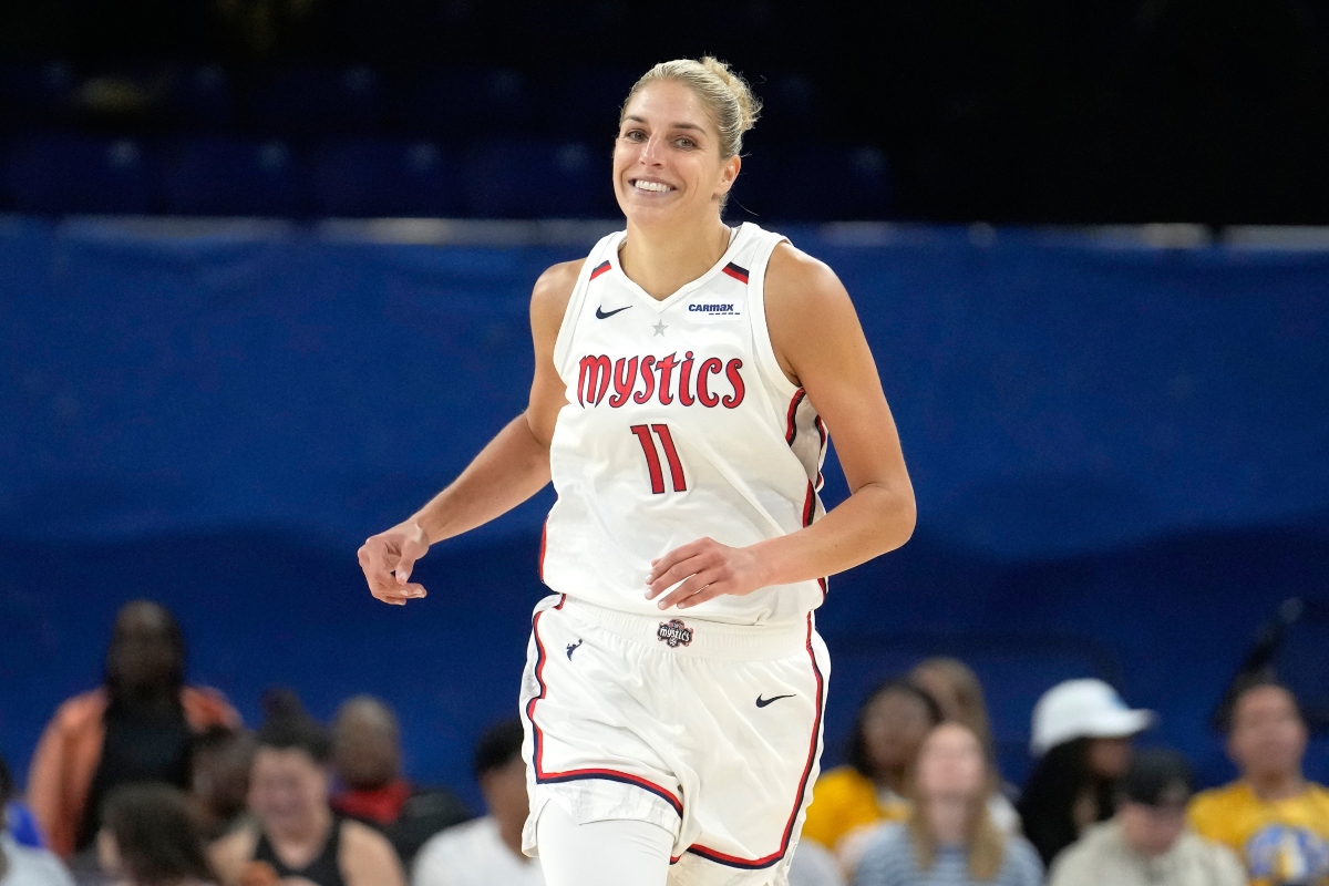 FILE - Washington Mystics' Elena Delle Donne smiles after scoring during a WNBA basketball game against the Chicago Sky Thursday, June 22, 2023, in Chicago. (AP Photo/Charles Rex Arbogast, File)