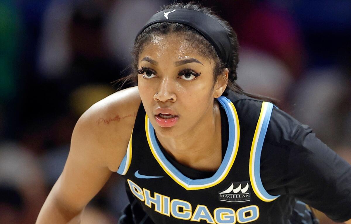 FILE - Chicago Sky forward Angel Reese (5) follows the play during a WNBA basketball game against the Dallas Wings, Wednesday, May 15, 2024, in Arlington, Texas. (AP Photo/Brandon Wade, File)