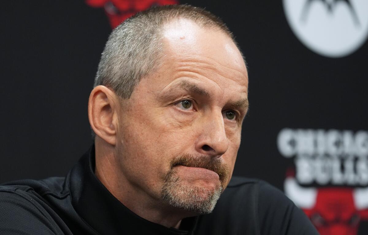 FILE - Chicago Bulls Executive Vice President, Basketball Operations Arturas Karnisovas speaks during a news conference during the team's NBA basketball media day, in Chicago, Sept. 29, 2025. (AP Photo/Nam Y. Huh, File)