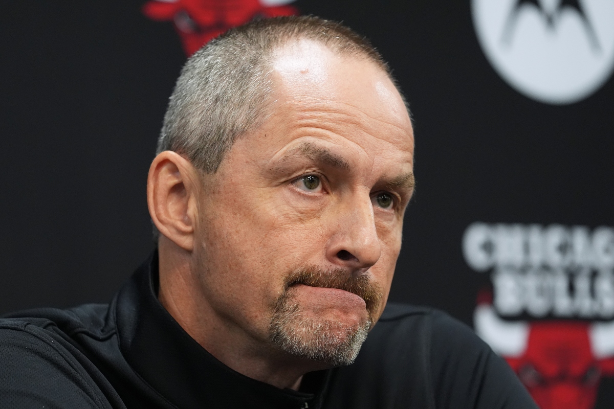 FILE - Chicago Bulls Executive Vice President, Basketball Operations Arturas Karnisovas speaks during a news conference during the team's NBA basketball media day, in Chicago, Sept. 29, 2025. (AP Photo/Nam Y. Huh, File)