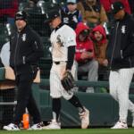 Chicago White Sox left fielder Austin Hays, center, leaves during the fourth inning of a baseball game against the Baltimore Orioles, Monday, April 6, 2026, in Chicago. (AP Photo/Erin Hooley)
