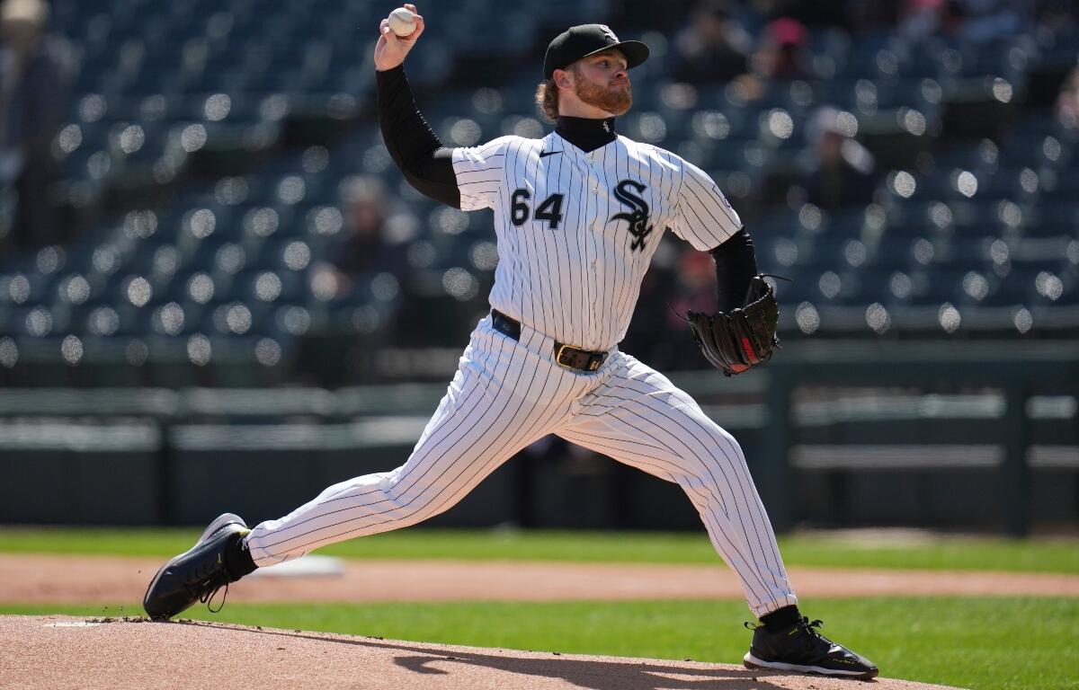 Chicago White Sox starting pitcher Shane Smith (64) throws against the Baltimore Orioles during the first inning of a baseball game Tuesday, April 7, 2026, in Chicago. (AP Photo/Erin Hooley)