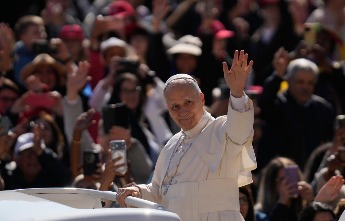 Pope Leo XIV arrives for his weekly general audience in St. Peter's Square, at the Vatican, Wednesday, April 8, 2026. (AP Photo/Gregorio Borgia)