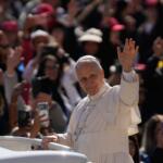 Pope Leo XIV arrives for his weekly general audience in St. Peter's Square, at the Vatican, Wednesday, April 8, 2026. (AP Photo/Gregorio Borgia)