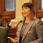 State Rep. Eva-Dina Delgado speaks on the House floor on Wednesday, April 15. (Capitol News Illinois phot by Peter Hancock)