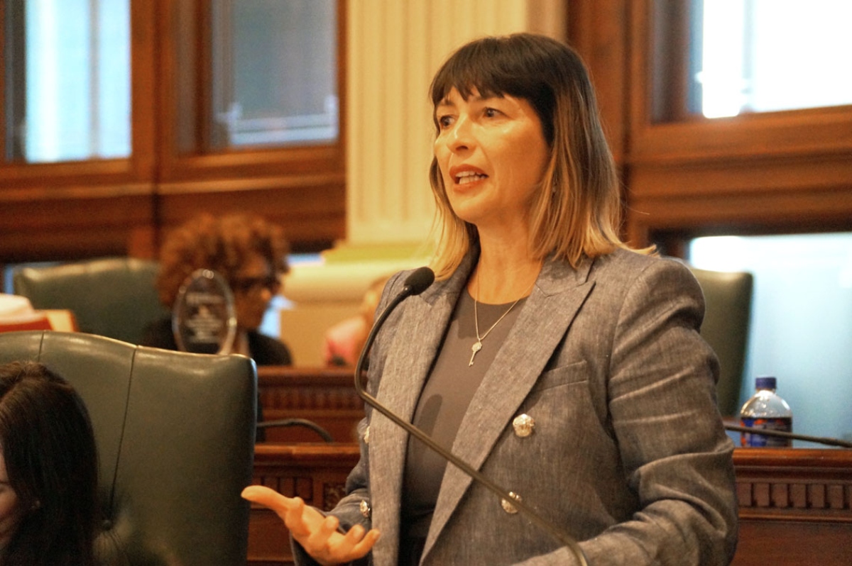 State Rep. Eva-Dina Delgado speaks on the House floor on Wednesday, April 15. (Capitol News Illinois phot by Peter Hancock)