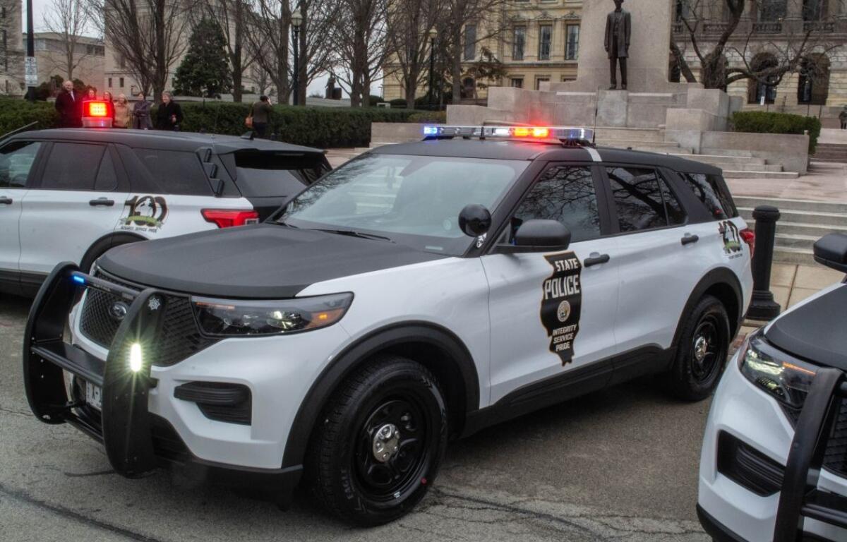 An Illinois State Police car is pictured outside the Illinois Capitol in Springfield during an event in 2022. (Capitol News Illinois photo by Jerry Nowicki)