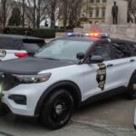 An Illinois State Police car is pictured outside the Illinois Capitol in Springfield during an event in 2022. (Capitol News Illinois photo by Jerry Nowicki)