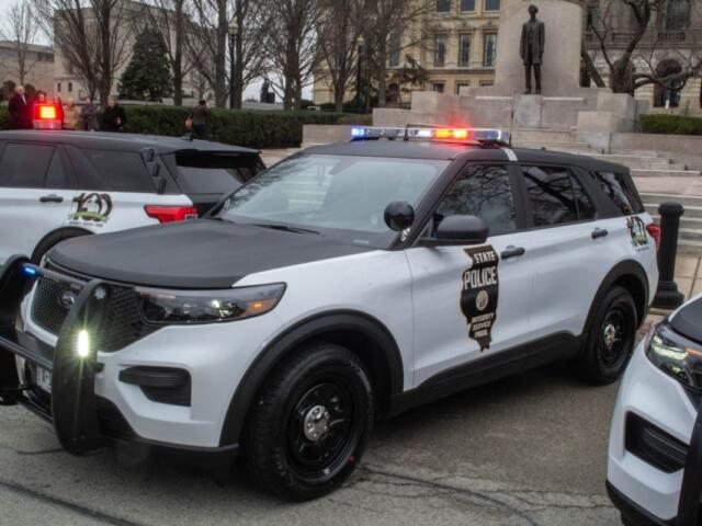 An Illinois State Police car is pictured outside the Illinois Capitol in Springfield during an event in 2022. (Capitol News Illinois photo by Jerry Nowicki)