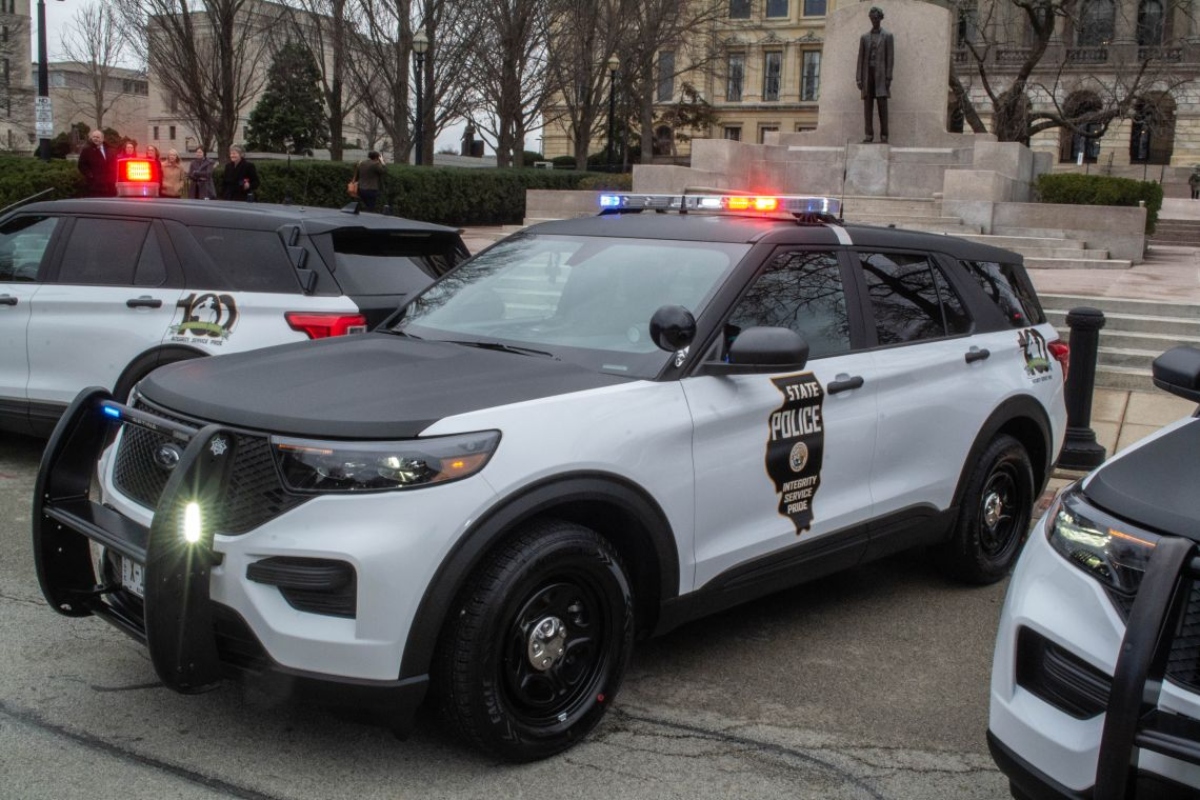 An Illinois State Police car is pictured outside the Illinois Capitol in Springfield during an event in 2022. (Capitol News Illinois photo by Jerry Nowicki)