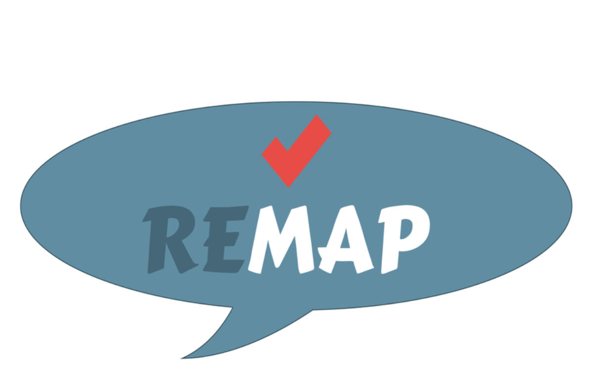 Logo: blue speech bubble with the word REMAP and a red checkmark above it. The text REMAP is bold and white inside the bubble.