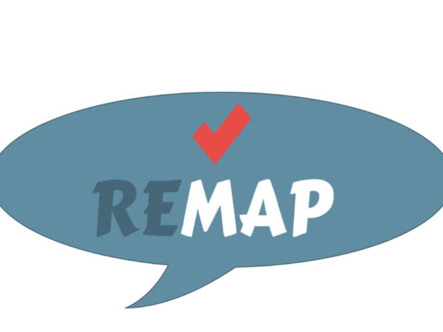 Logo: blue speech bubble with the word REMAP and a red checkmark above it. The text REMAP is bold and white inside the bubble.