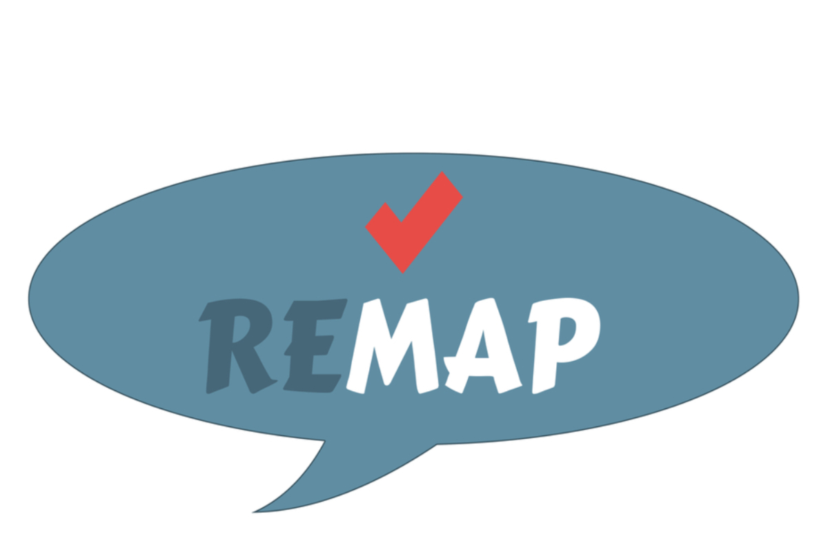 Logo: blue speech bubble with the word REMAP and a red checkmark above it. The text REMAP is bold and white inside the bubble.