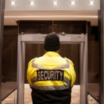 Security guard in a neon-yellow jacket standing at a metal detector, viewed from behind.