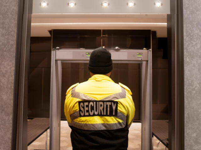 Security guard in a neon-yellow jacket standing at a metal detector, viewed from behind.
