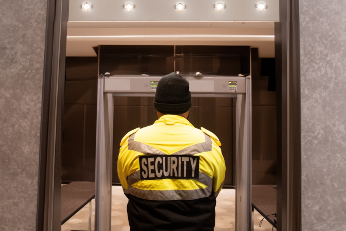Security guard in a neon-yellow jacket standing at a metal detector, viewed from behind.