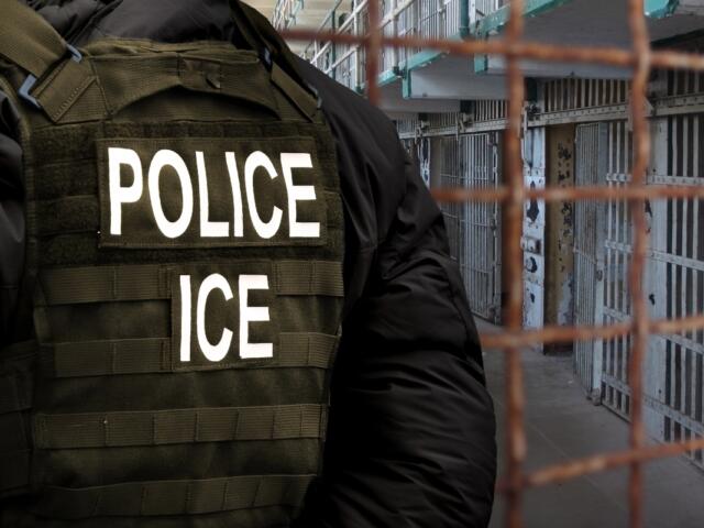 An Immigration and Customs Enforcement (ICE) officer stands in front of a dilapidated detention facility gate.