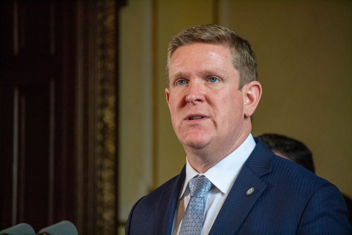 Illinois State Police Director Brendan Kelly is pictured in the governor’s office in Springfield in 2022. (Capitol News Illinois photo by Jerry Nowicki)