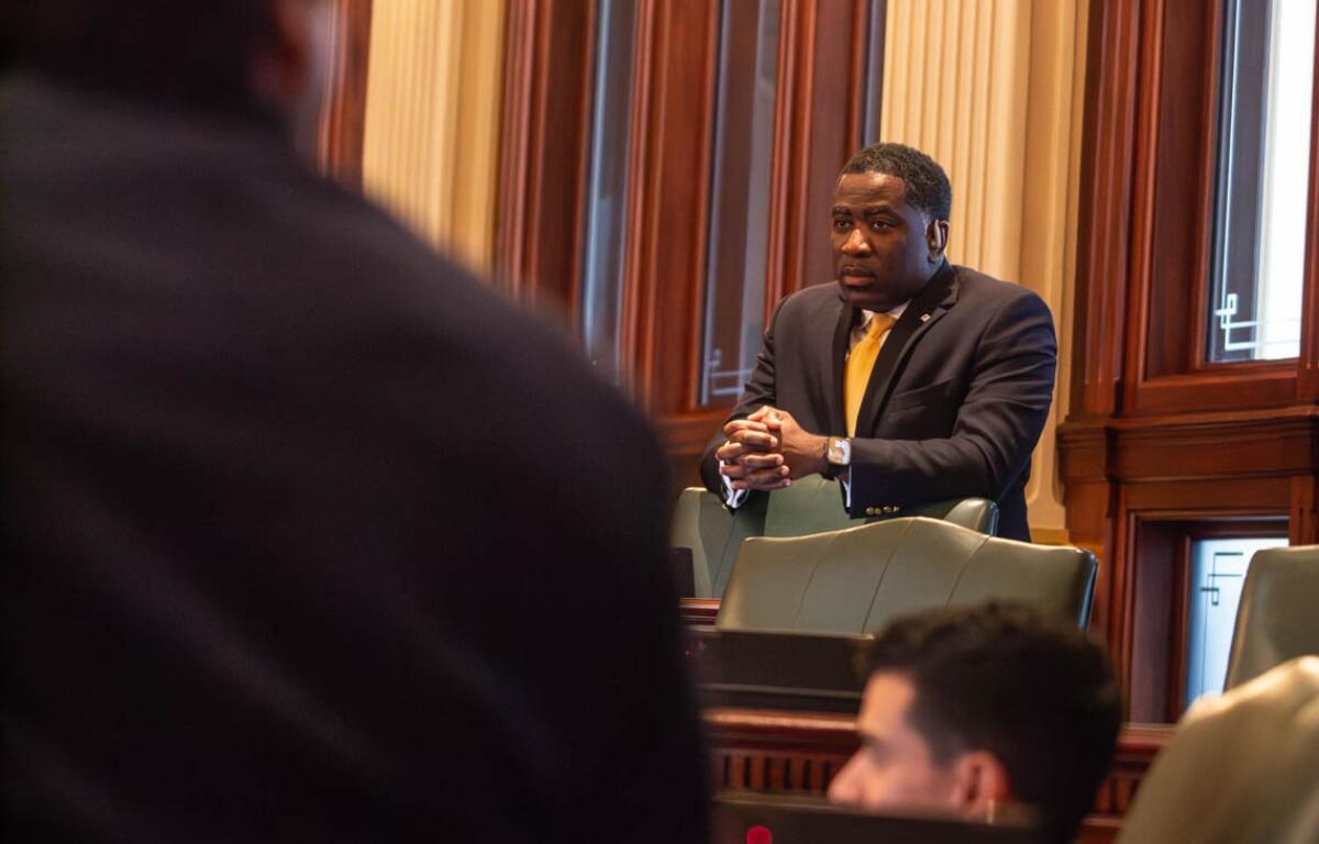 Rep. Marcus Evans, D-Chicago, on the House floor in May 2025. (Capitol News Illinois photo by Jerry Nowicki)