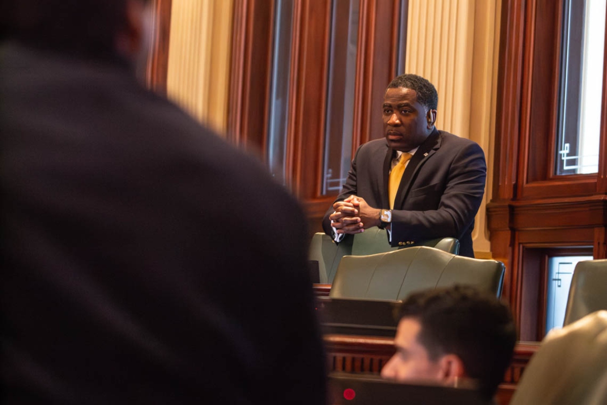 Rep. Marcus Evans, D-Chicago, on the House floor in May 2025. (Capitol News Illinois photo by Jerry Nowicki)