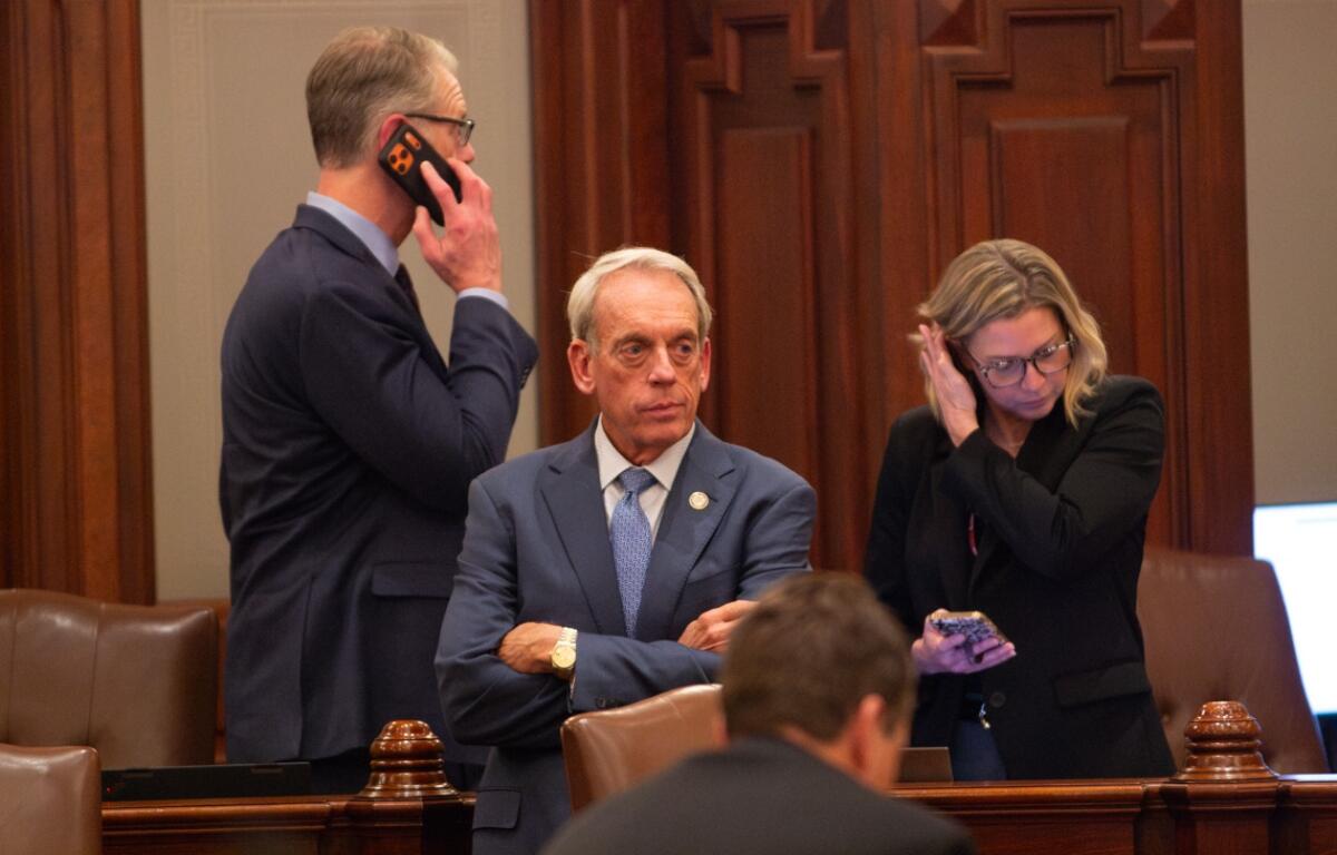 State Sen. Dale Fowler watches Gov. JB Pritzker’s State of the State speech on Feb. 18, 2026. (Capitol News Illinois photo by Jerry Nowicki)