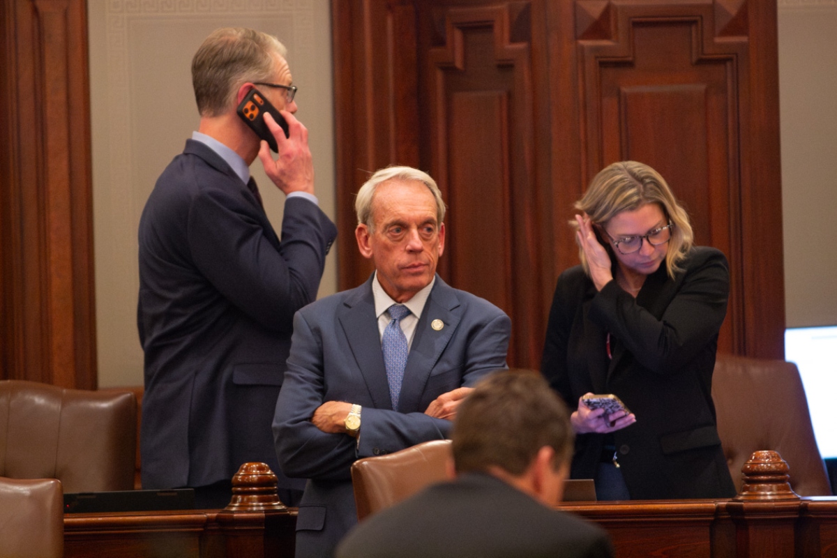 State Sen. Dale Fowler watches Gov. JB Pritzker’s State of the State speech on Feb. 18, 2026. (Capitol News Illinois photo by Jerry Nowicki)