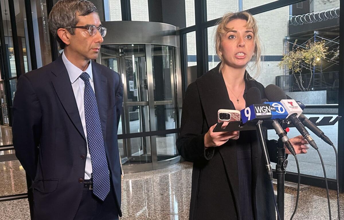 Former 9th District congressional candidate Katherine “Kat” Abughazaleh addresses reporters following her Nov. 12, 2025, arraignment hearing in Chicago. (Capitol News Illinois photo by Hannah Meisel)