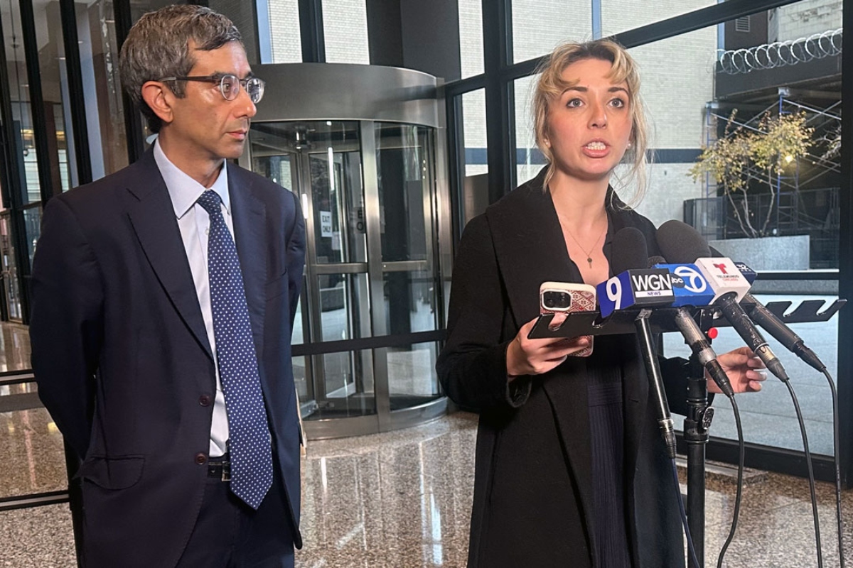 Former 9th District congressional candidate Katherine “Kat” Abughazaleh addresses reporters following her Nov. 12, 2025, arraignment hearing in Chicago. (Capitol News Illinois photo by Hannah Meisel)