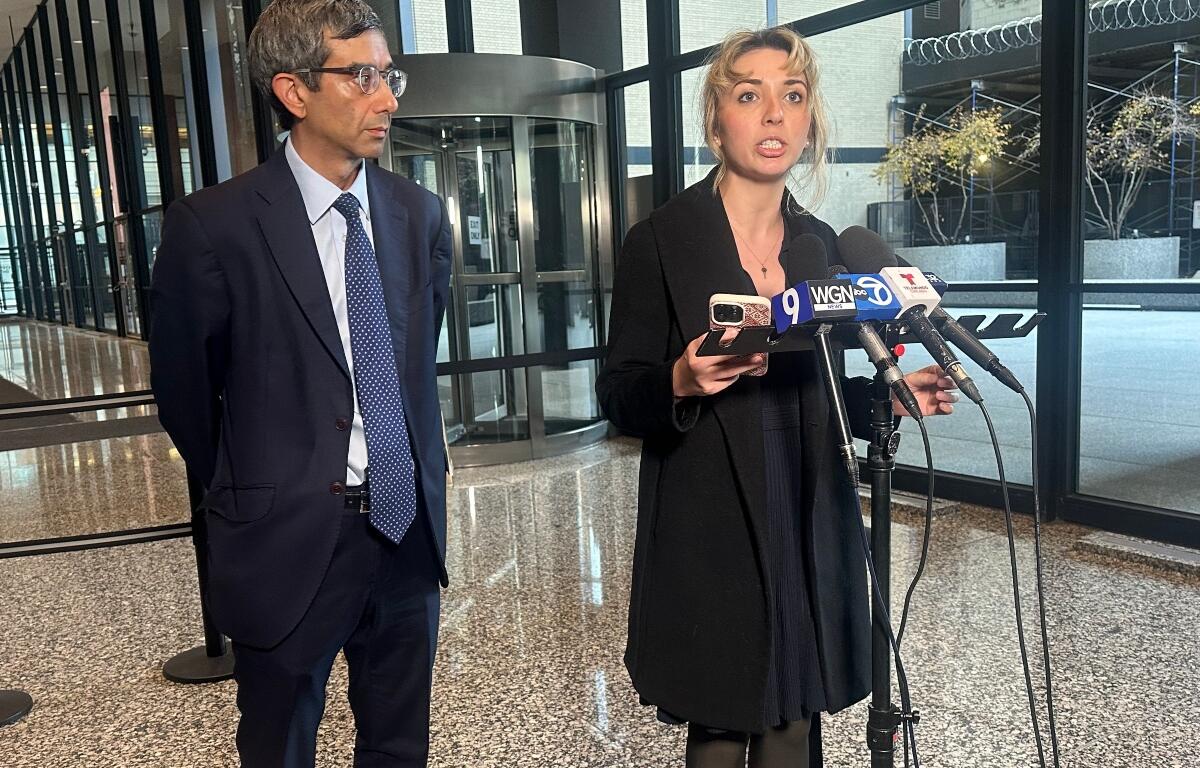Former 9th District congressional candidate Katherine “Kat” Abughazaleh addresses reporters following her Nov. 12, 2025, arraignment hearing in Chicago. (Capitol News Illinois photo by Hannah Meisel)