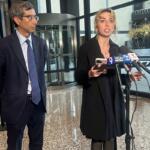 Former 9th District congressional candidate Katherine “Kat” Abughazaleh addresses reporters following her Nov. 12, 2025, arraignment hearing in Chicago. (Capitol News Illinois photo by Hannah Meisel)
