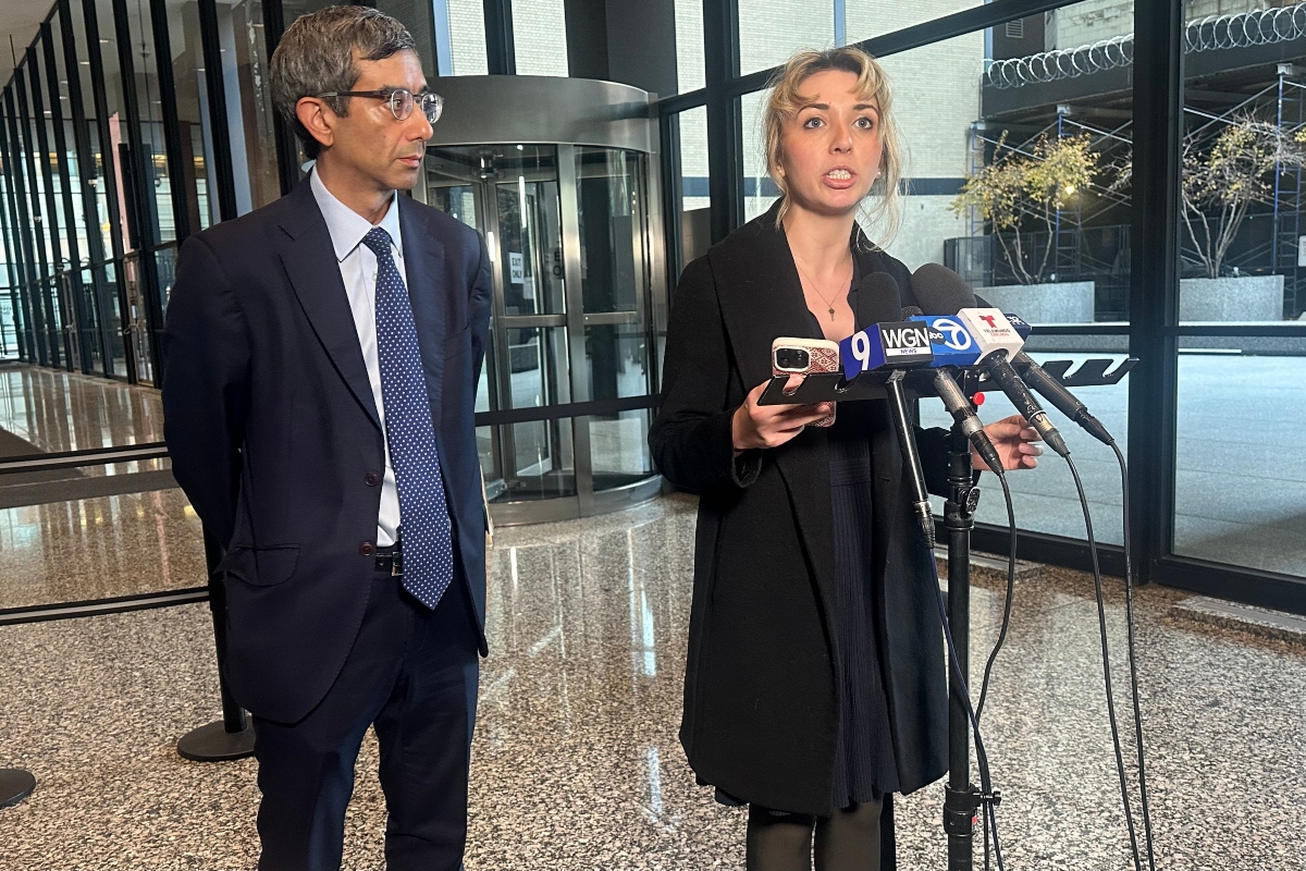 Former 9th District congressional candidate Katherine “Kat” Abughazaleh addresses reporters following her Nov. 12, 2025, arraignment hearing in Chicago. (Capitol News Illinois photo by Hannah Meisel)