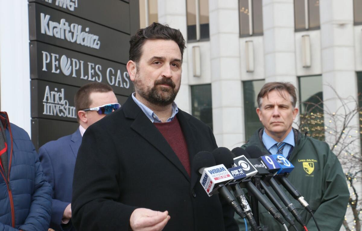 Illinois PIRG Director Abe Scarr speaks to reporters on Jan. 6, 2026, at a demonstration protesting a Peoples Gas rate hike request to the Illinois Commerce Commission. (Capitol News Illinois file photo by Maggie Dougherty)
