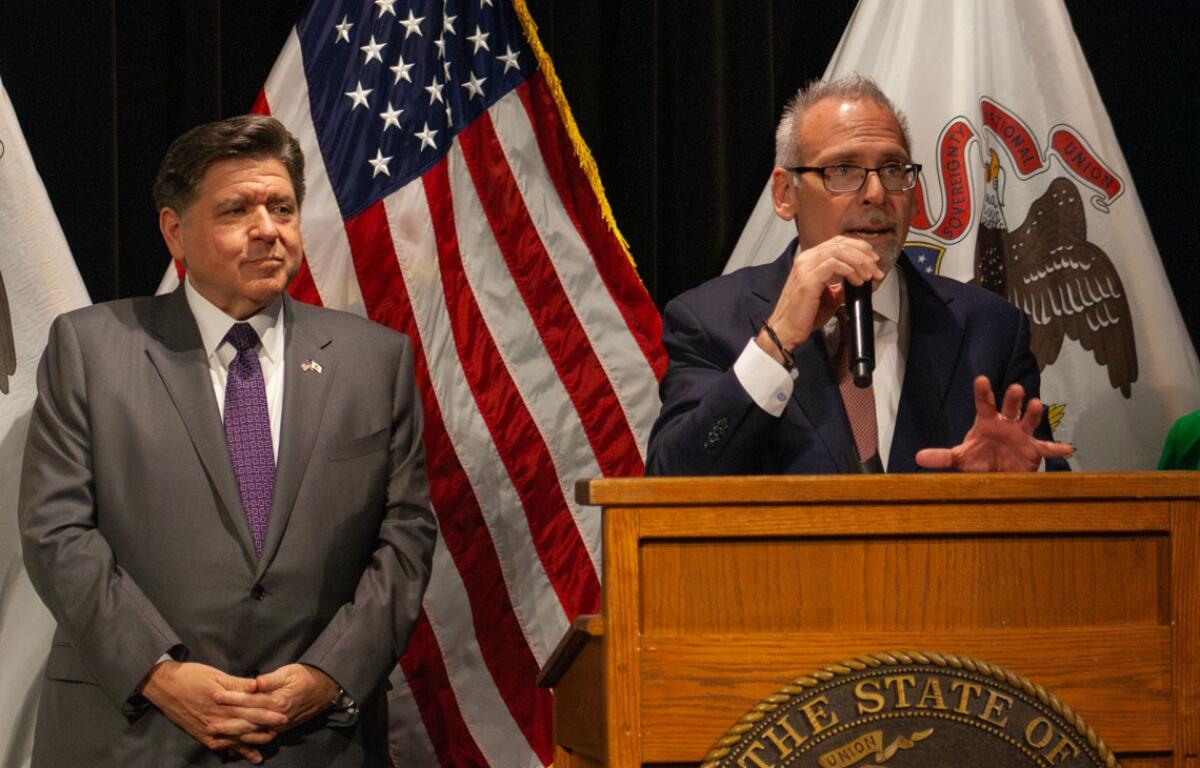 Gov. JB Pritzker and Illinois Superintendent of Education Dr. Tony Sanders speak at an event at the Governor’s Mansion in March 2026. (Capitol News Illinois photo by Jenna Schweikert)