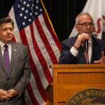 Gov. JB Pritzker and Illinois Superintendent of Education Dr. Tony Sanders speak at an event at the Governor’s Mansion in March 2026. (Capitol News Illinois photo by Jenna Schweikert)