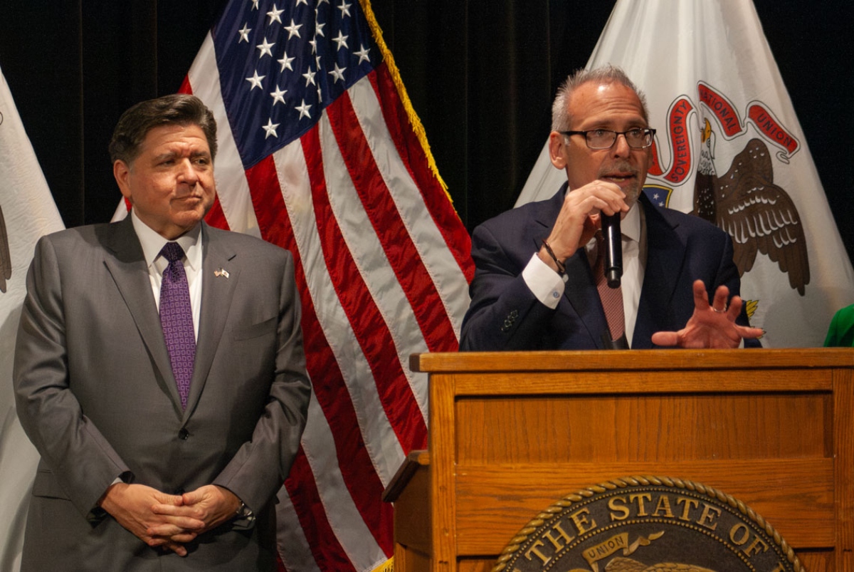 Gov. JB Pritzker and Illinois Superintendent of Education Dr. Tony Sanders speak at an event at the Governor’s Mansion in March 2026. (Capitol News Illinois photo by Jenna Schweikert)