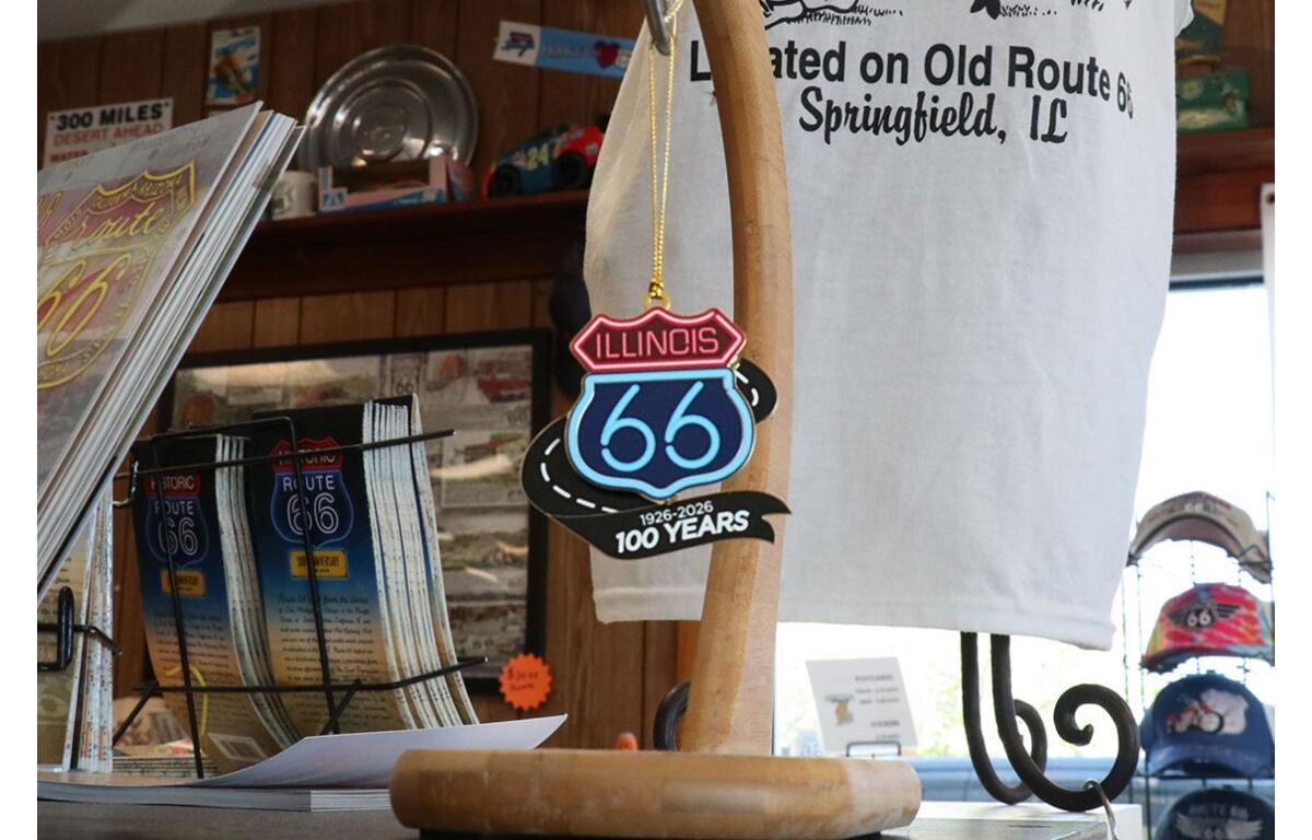 A Route 66 centennial logo ornament hung on display at Cozy Dog Drive In. (Medill Illinois News Bureau photo by Chloe Park)
