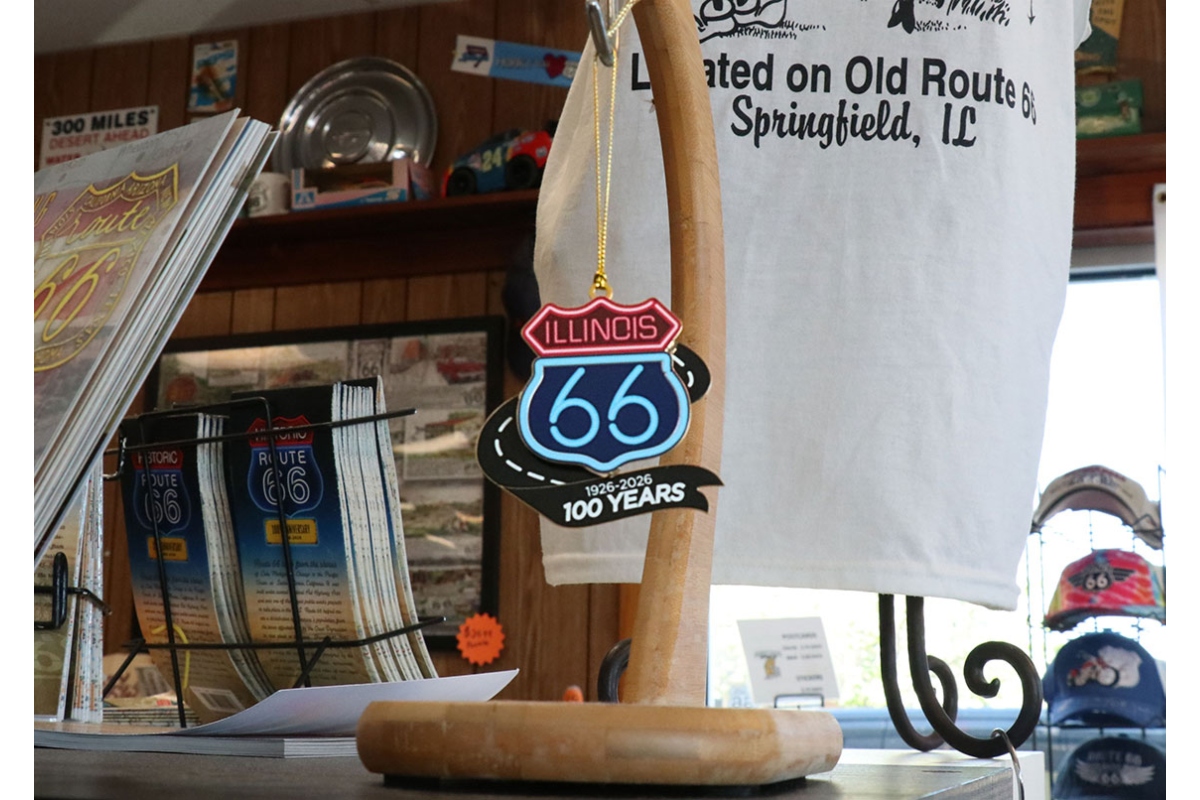 A Route 66 centennial logo ornament hung on display at Cozy Dog Drive In. (Medill Illinois News Bureau photo by Chloe Park)