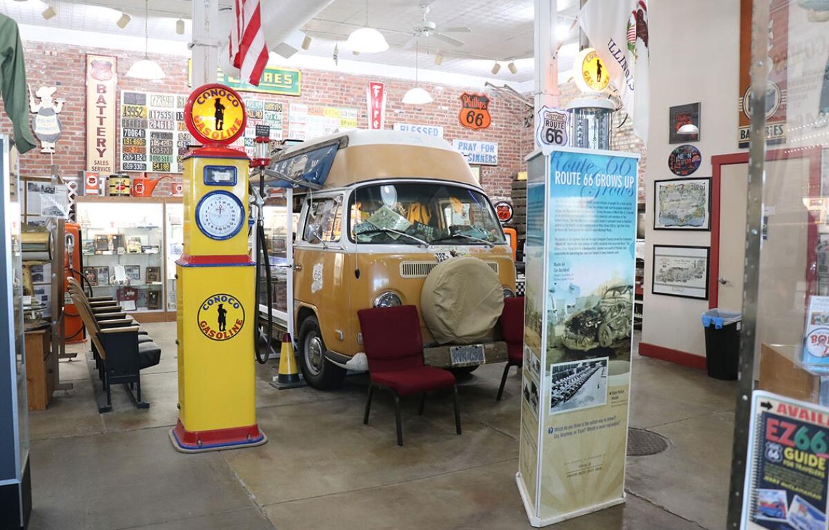The Route 66 Hall of Fame and Museum was filled with artifacts, with license plates and signs lining the walls throughout the space. (Medill Illinois News Bureau photo by Chloe Park)