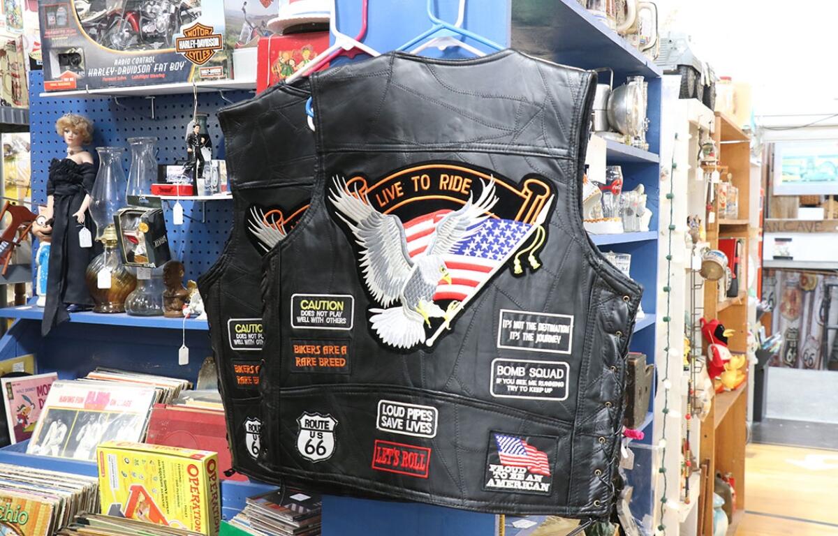 Vendors at the antique mall sold a variety of items, including motorcycle vests with Route 66 crests. (Medill Illinois News Bureau photo by Chloe Park)