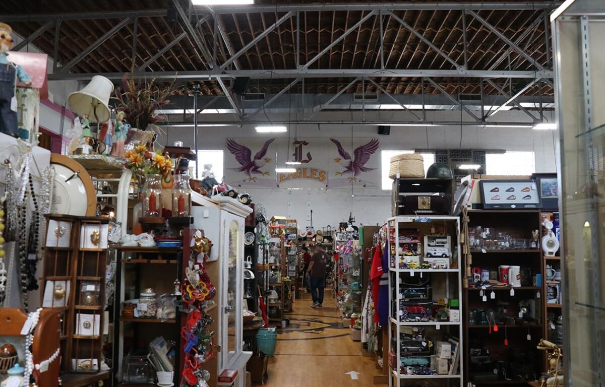 The antique mall, once the high school gym, still displayed the original logo of the former Livingston High School. (Medill Illinois News Bureau photo by Chloe Park)