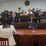 Members of the Senate education budget committee listen as Crystal Mallory, of the Illinois Federation of Teachers, testifies in favor of a bill calling for full funding of the state’s Evidence-Based Funding formula. (Capitol News Illinois photo by Peter Hancock)